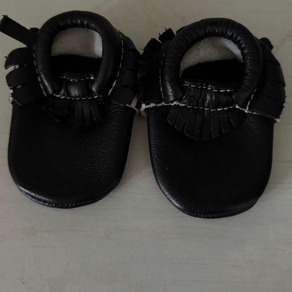Freshly Picked Black and White Striped Baby Moccasins Size 2